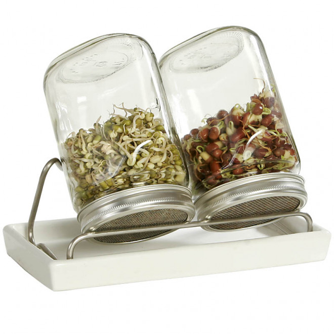 System II Eschenfelder Sprouting Set 2-Jar 35oz (1000ml) + Rack + ceramic drip tray white