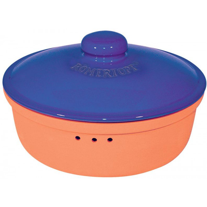 Clay Bread Crock Round, red and blue