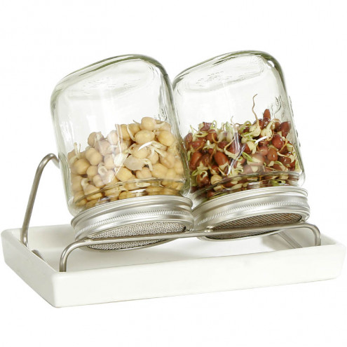 System II Eschenfelder Sprouting Set 2-Jar 26.25oz (750ml) + Rack + ceramic drip tray white