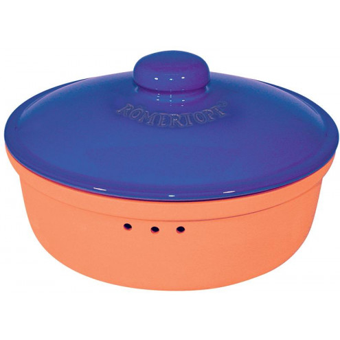 Clay Bread Crock Round, red and blue